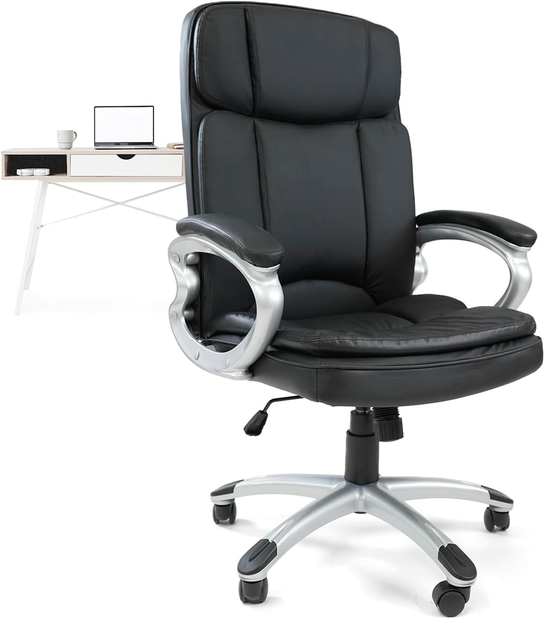 Black Leather Ergonomic Swivel Office Chair with Armrests