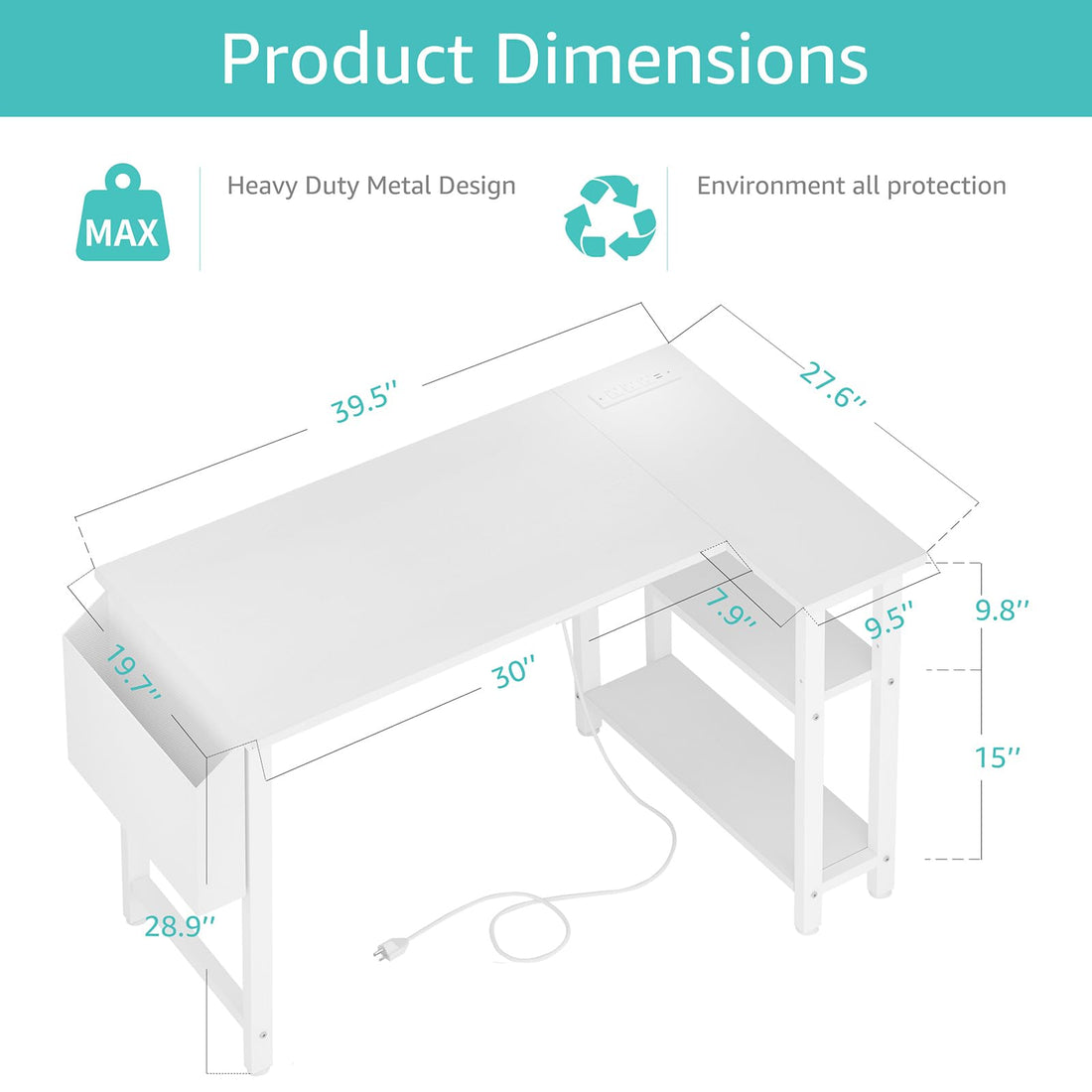 Lufeiya 40" White L-Shaped Desk