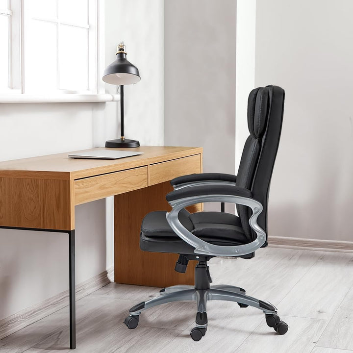 Black Leather Ergonomic Swivel Office Chair with Armrests