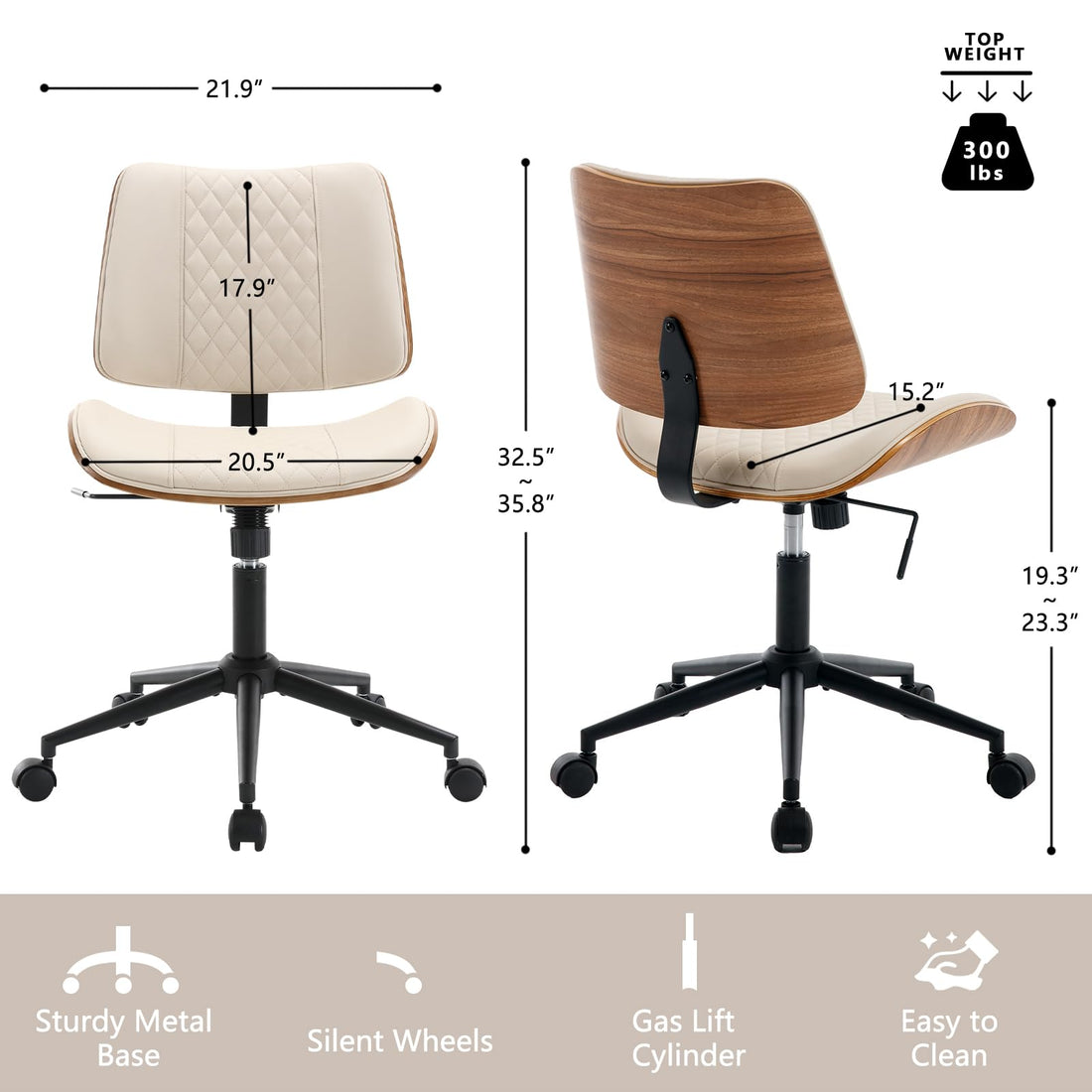 Armless Office Chair with Wheels, Beige