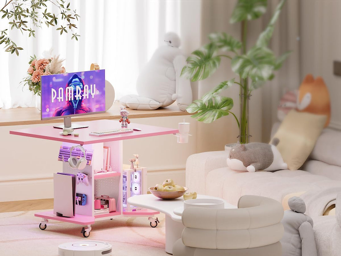 Pamray Small Rolling Gaming Desk, Pink