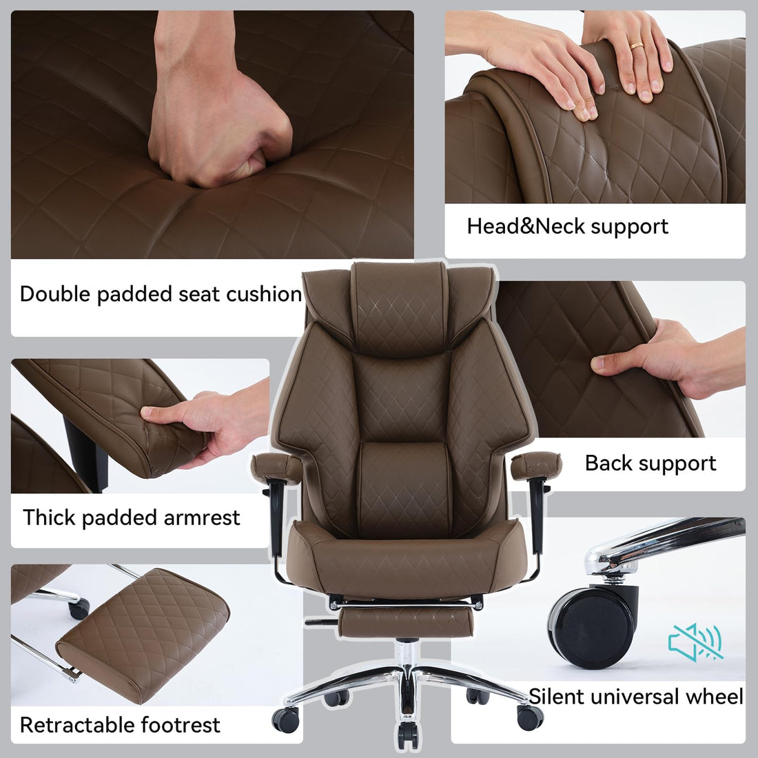 Big & Tall PU Leather Office Chair with Footrest, Brown
