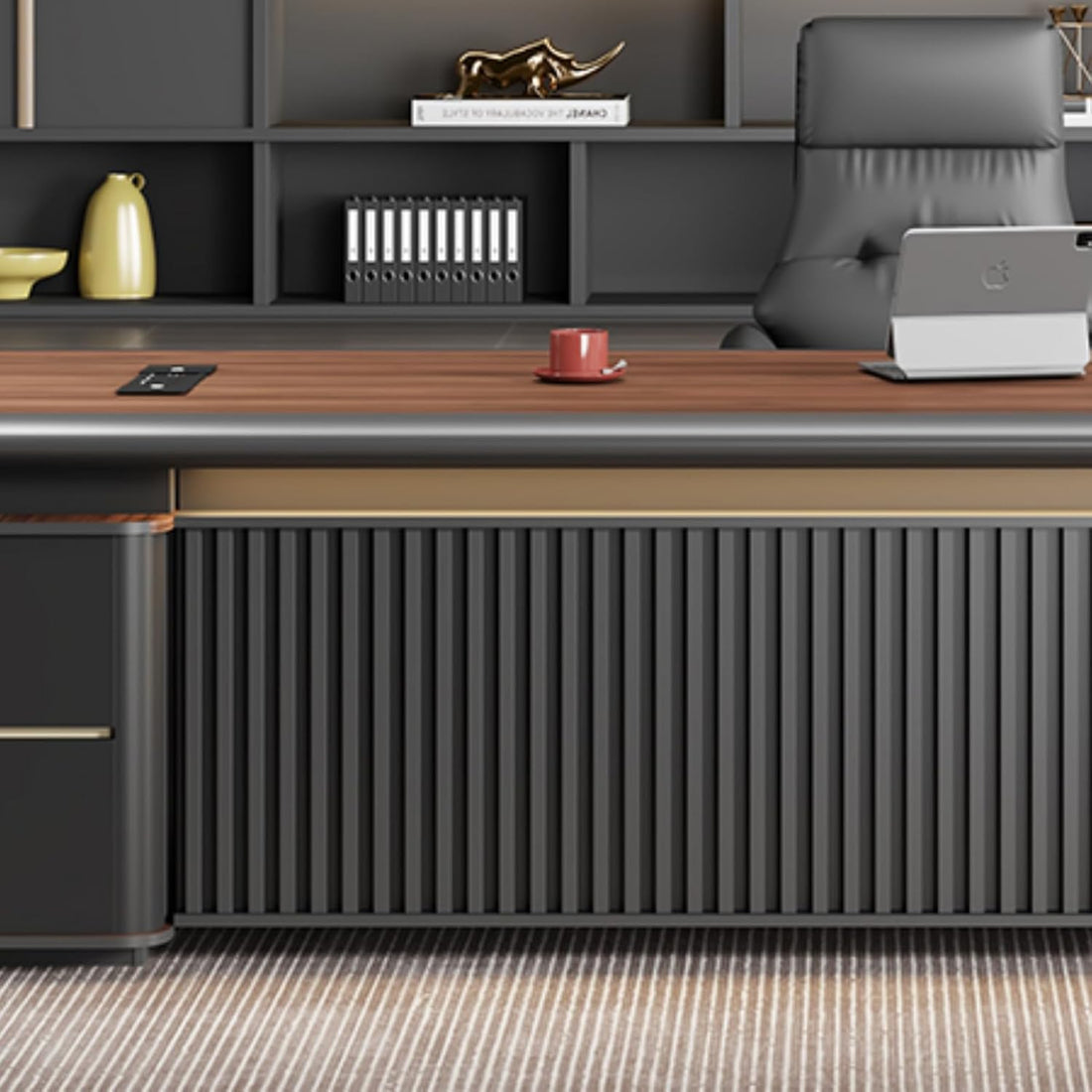 Large Rustic Executive Desk with Cabinet & Metal Frame