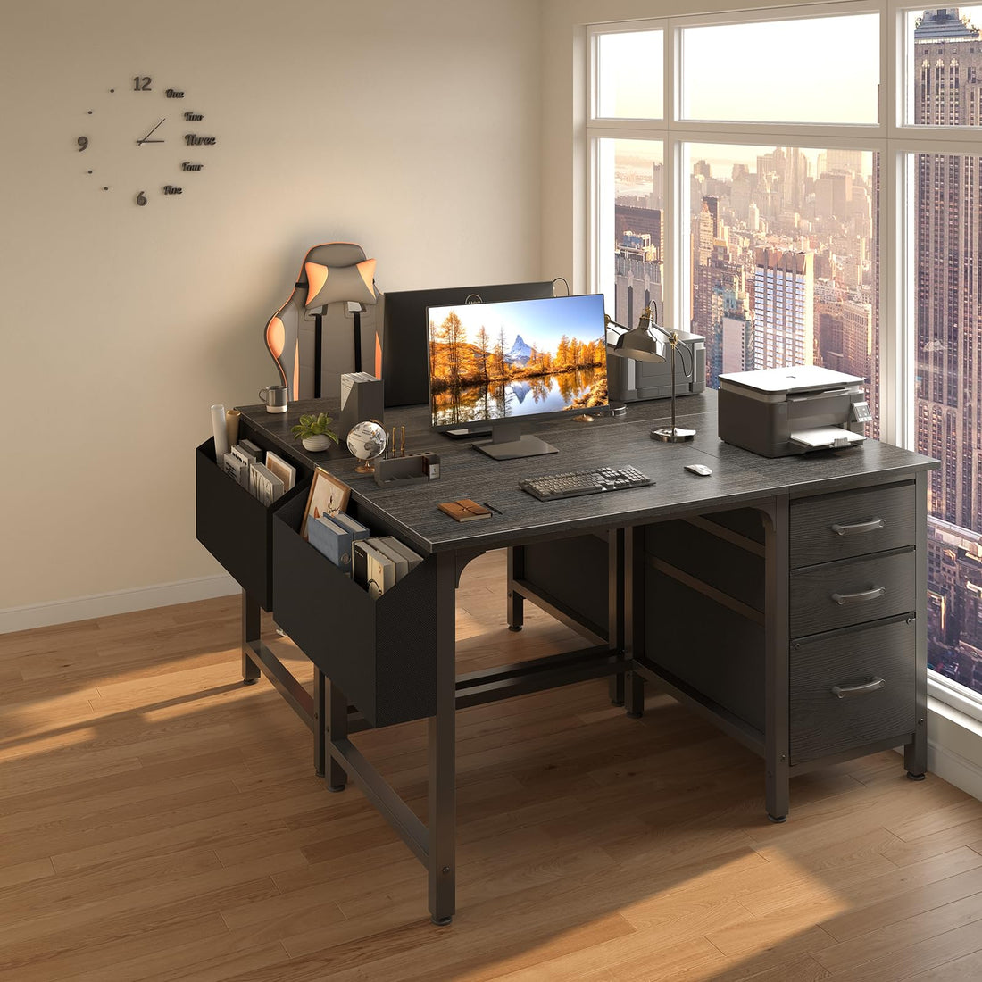 Lufeiya 47" Desk with Fabric Drawers, Rustic Brown