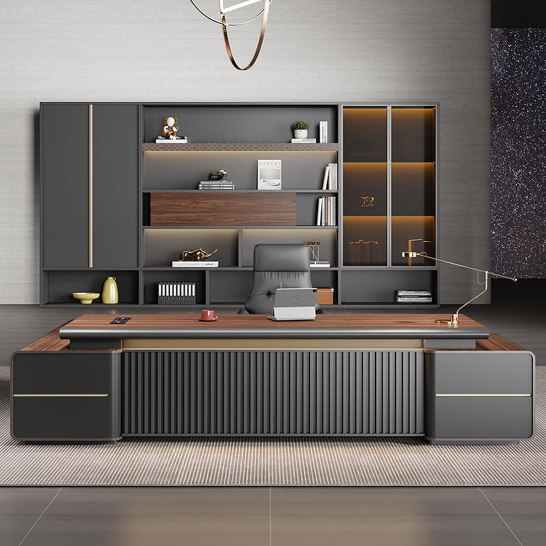 Large Rustic Executive Desk with Cabinet & Metal Frame