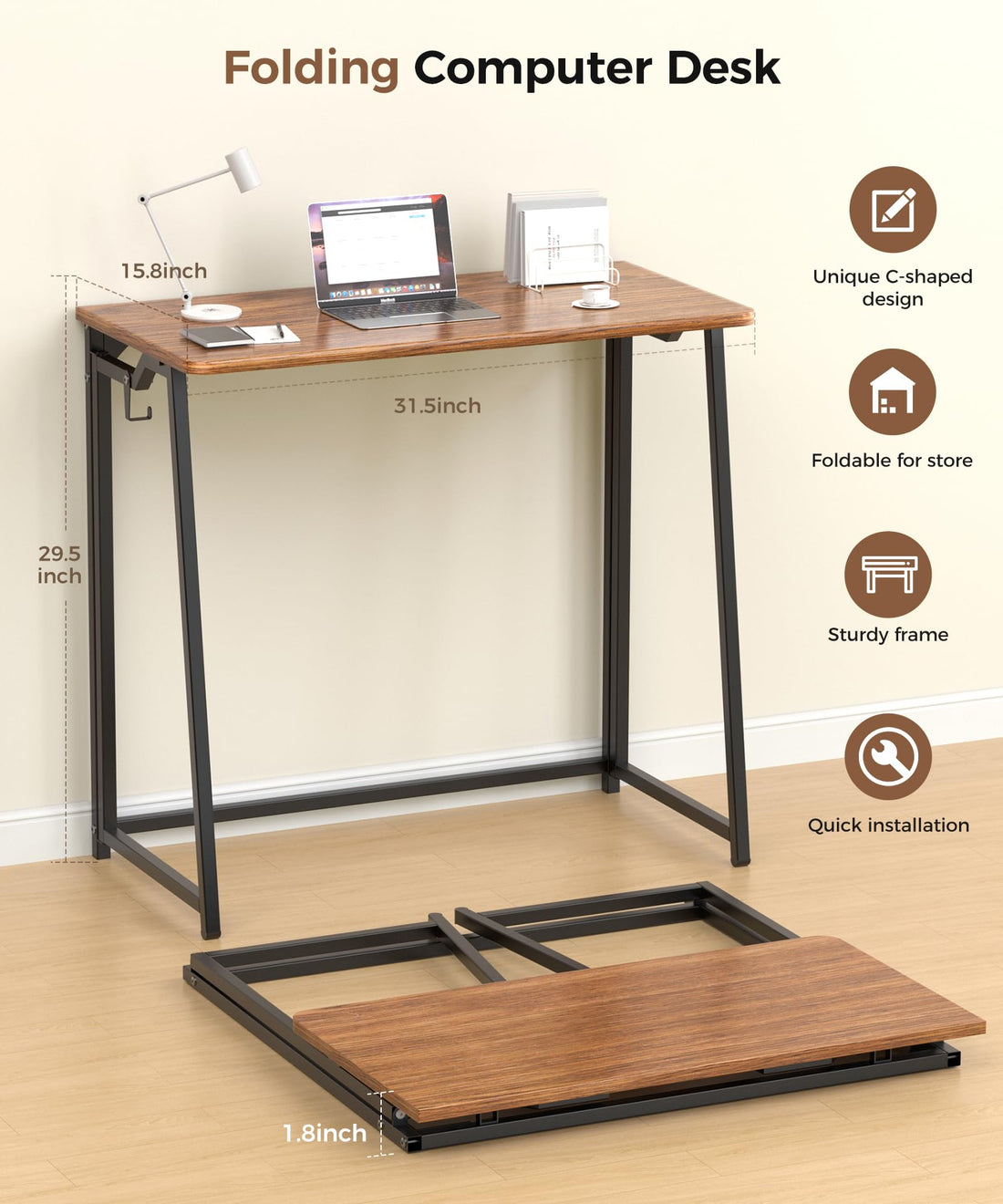 31.5" Small Folding Computer Desk, Rustic