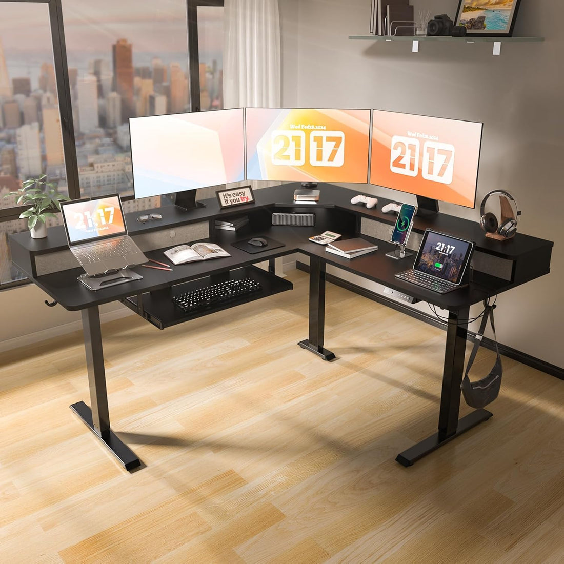 63"x55" L-Shaped Electric Height Adjustable Desk