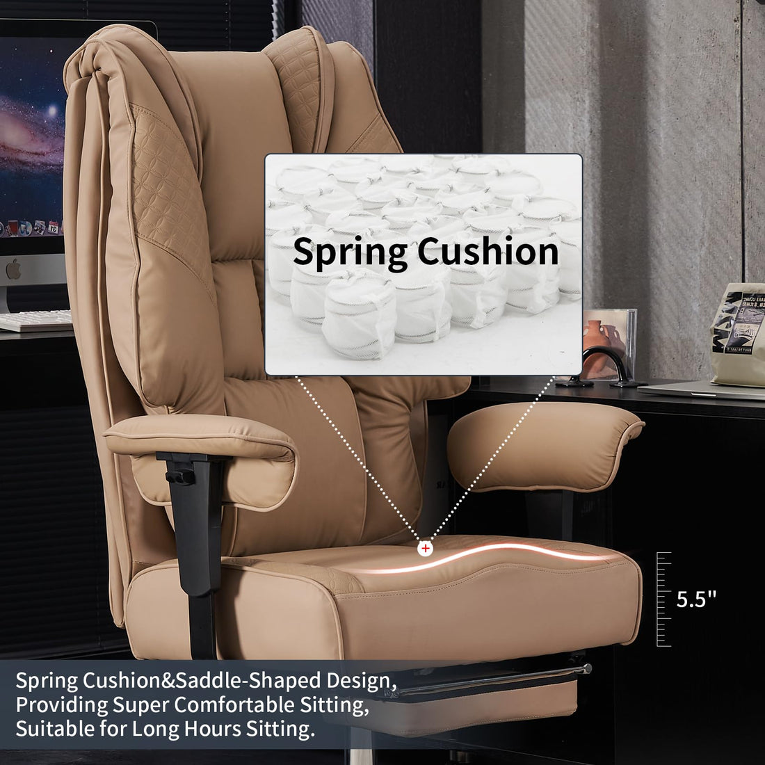 Big & Tall PU Leather Office Chair with Footrest, Brown