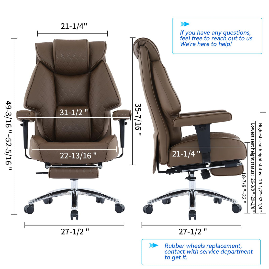 Big & Tall PU Leather Office Chair with Footrest, Brown
