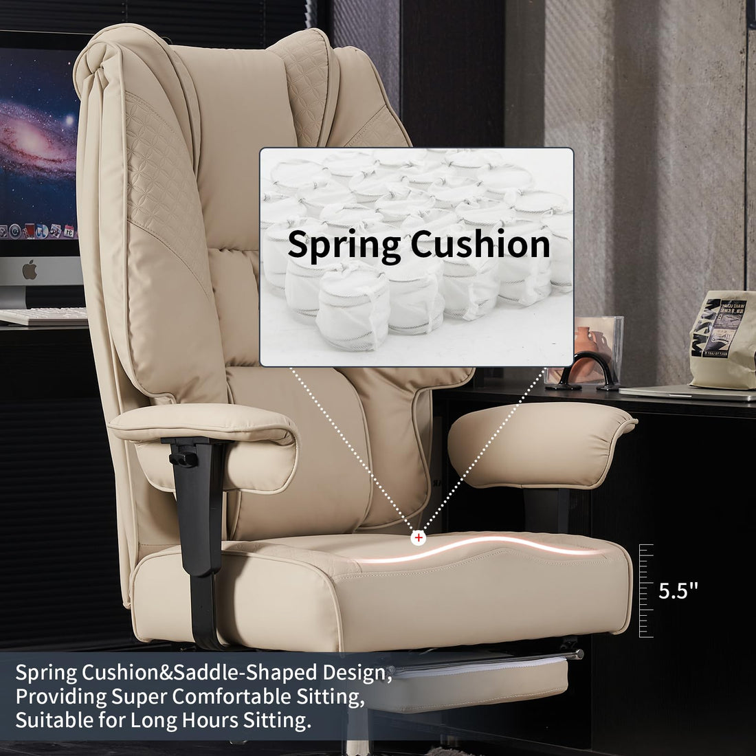 Big & Tall PU Leather Office Chair with Footrest, Brown