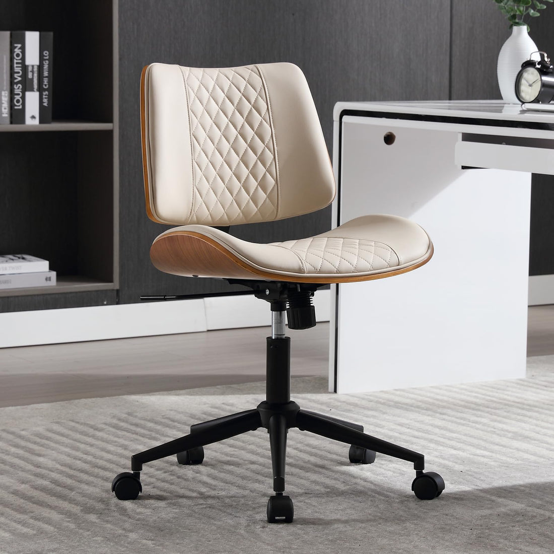 Armless Office Chair with Wheels, Beige