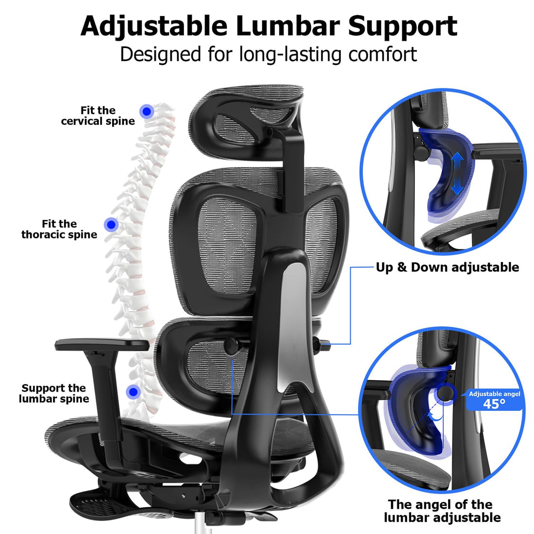 Ergonomic Mesh Office Chair with 3D Armrest, Black