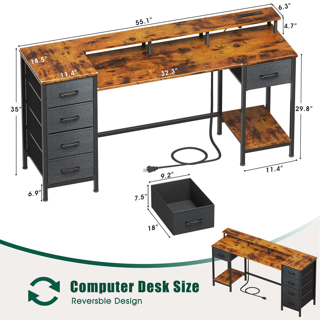47" Gaming Desk with LED & Power Outlets, Black