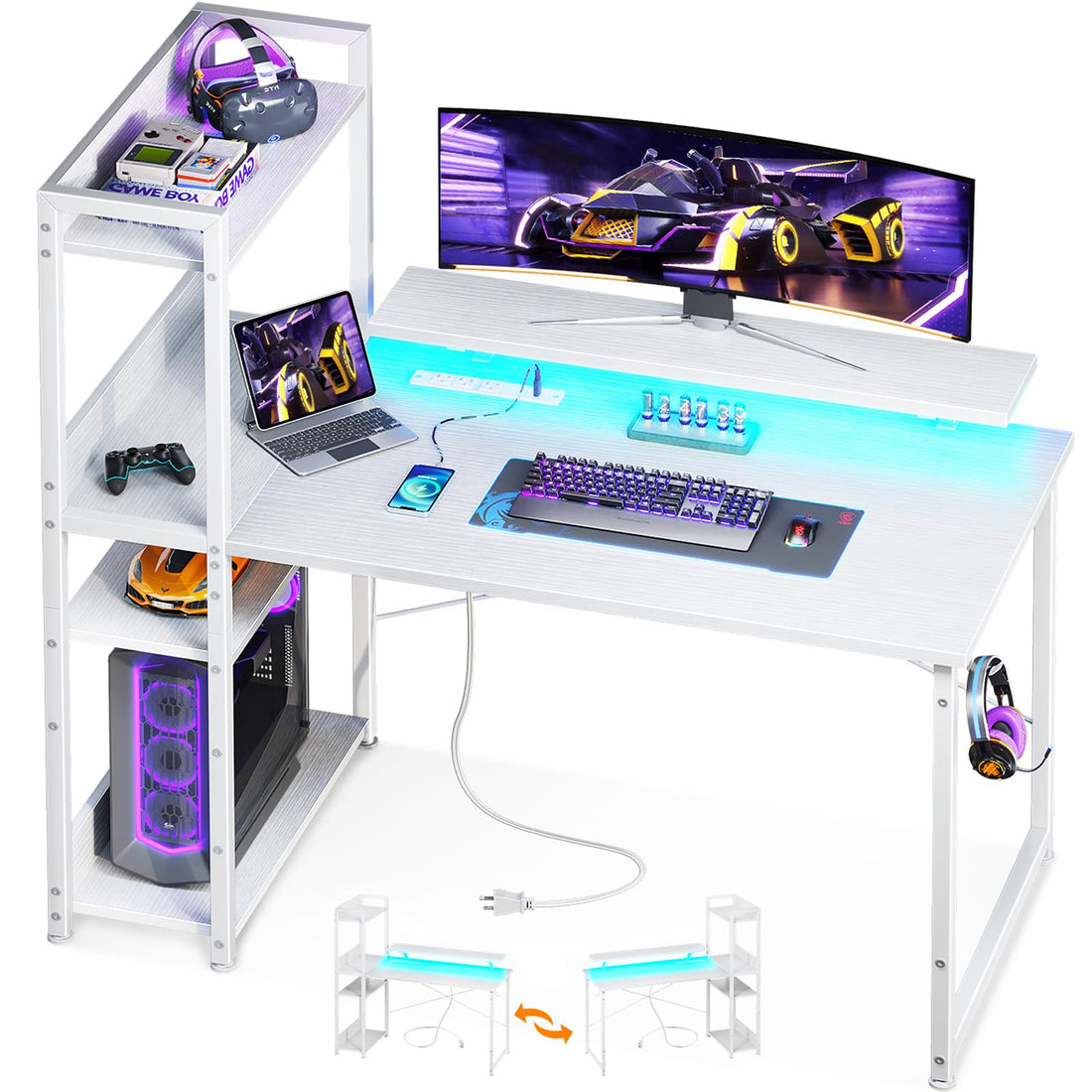 ODK 40" Reversible Gaming Desk with LED & USB Port