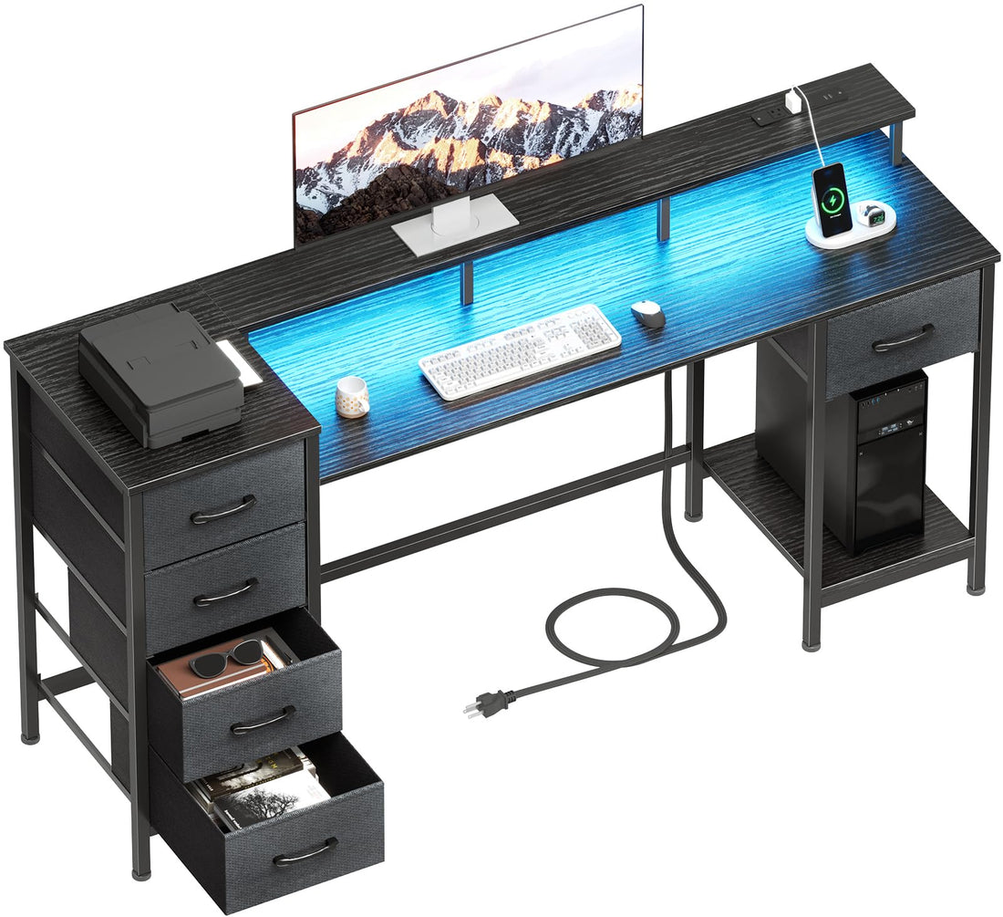 47" Gaming Desk with LED & Power Outlets, Black