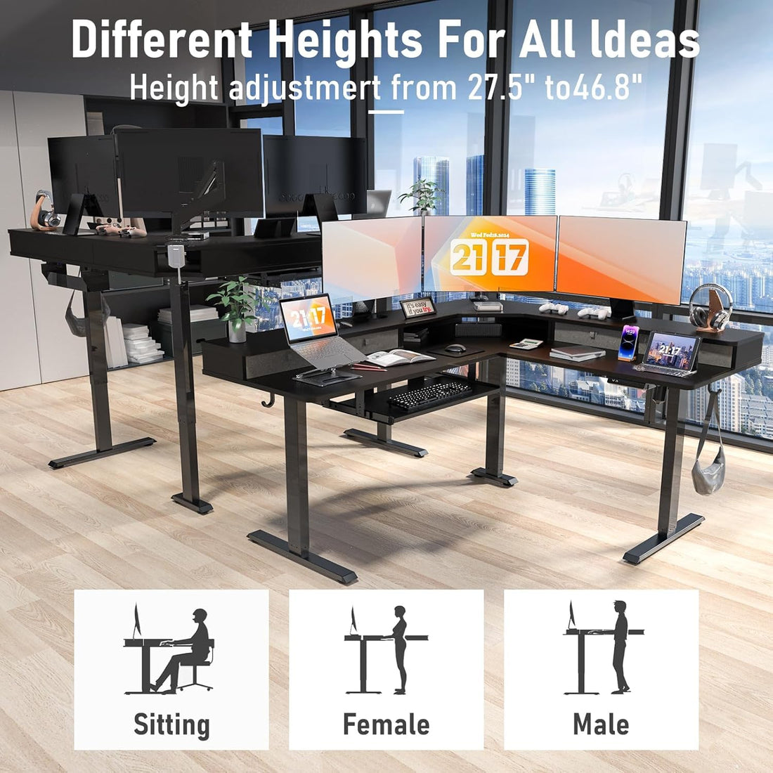63"x55" L-Shaped Electric Height Adjustable Desk
