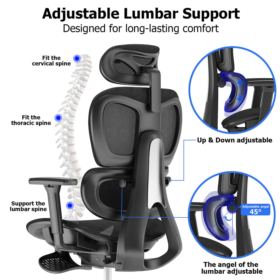 Ergonomic Mesh Office Chair with 3D Armrest, Black