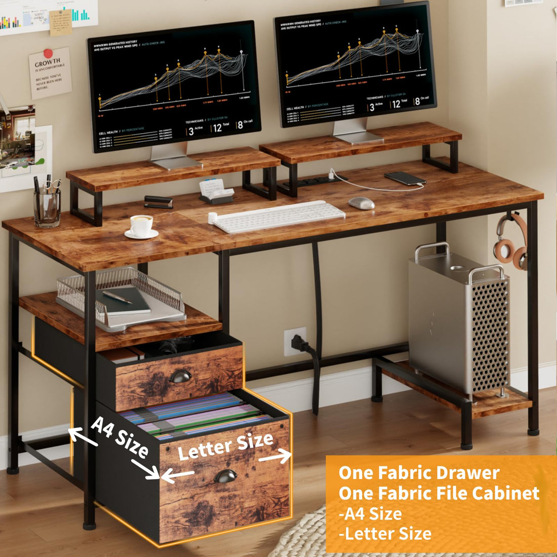 Furologee 47" Desk with Storage, Rustic Brown