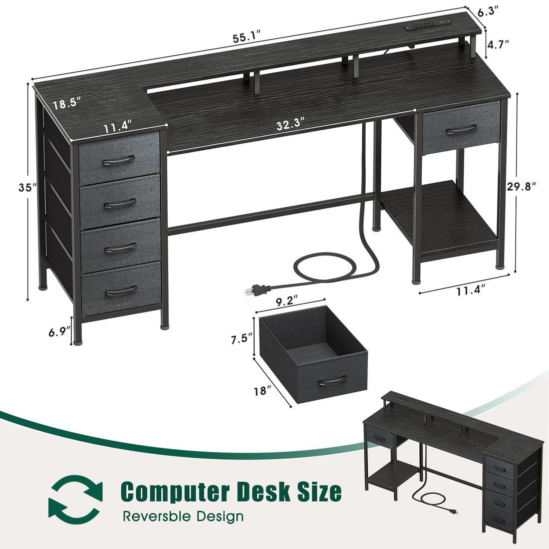 47" Gaming Desk with LED & Power Outlets, Black