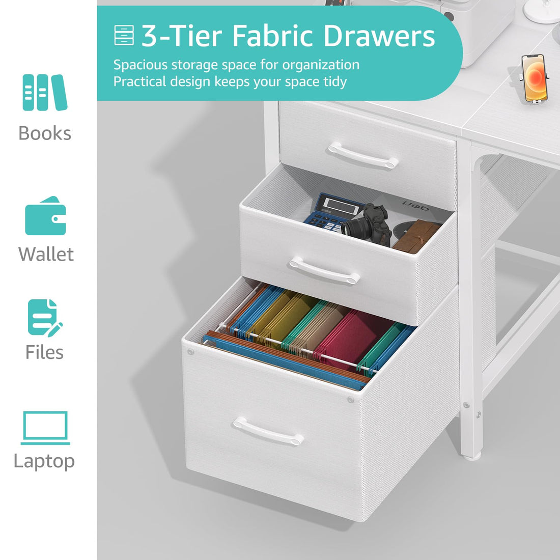 Lufeiya 47" Desk with Fabric Drawers, Rustic Brown