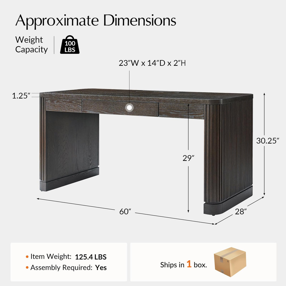 HULALA HOME 60" Fluted Desk with Charging Station