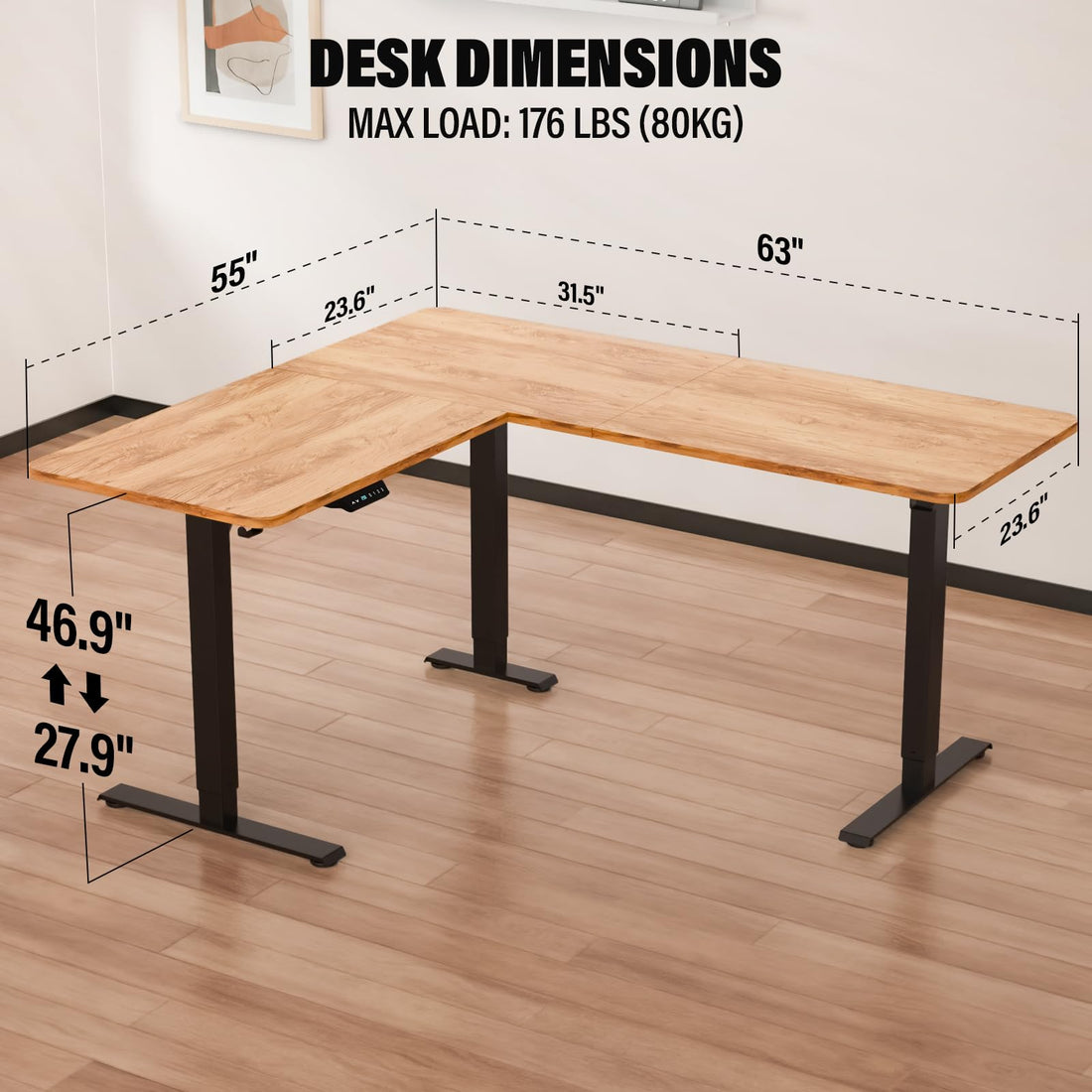 63"x55" L-Shaped Electric Height Adjustable Desk