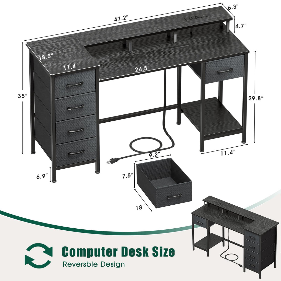 47" Gaming Desk with LED & Power Outlets, Black