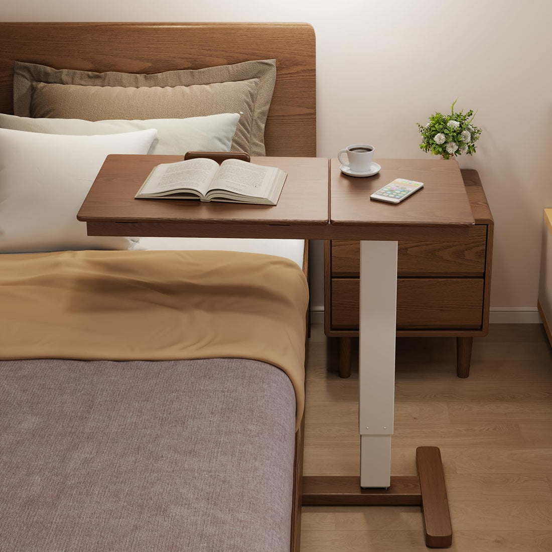 Walnut Overbed Table with Wheels
