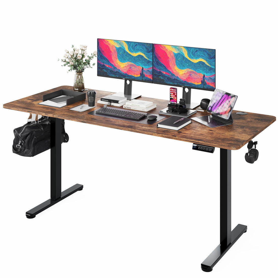 Monomi 63"x28" Electric Standing Desk, Rustic Brown/Black