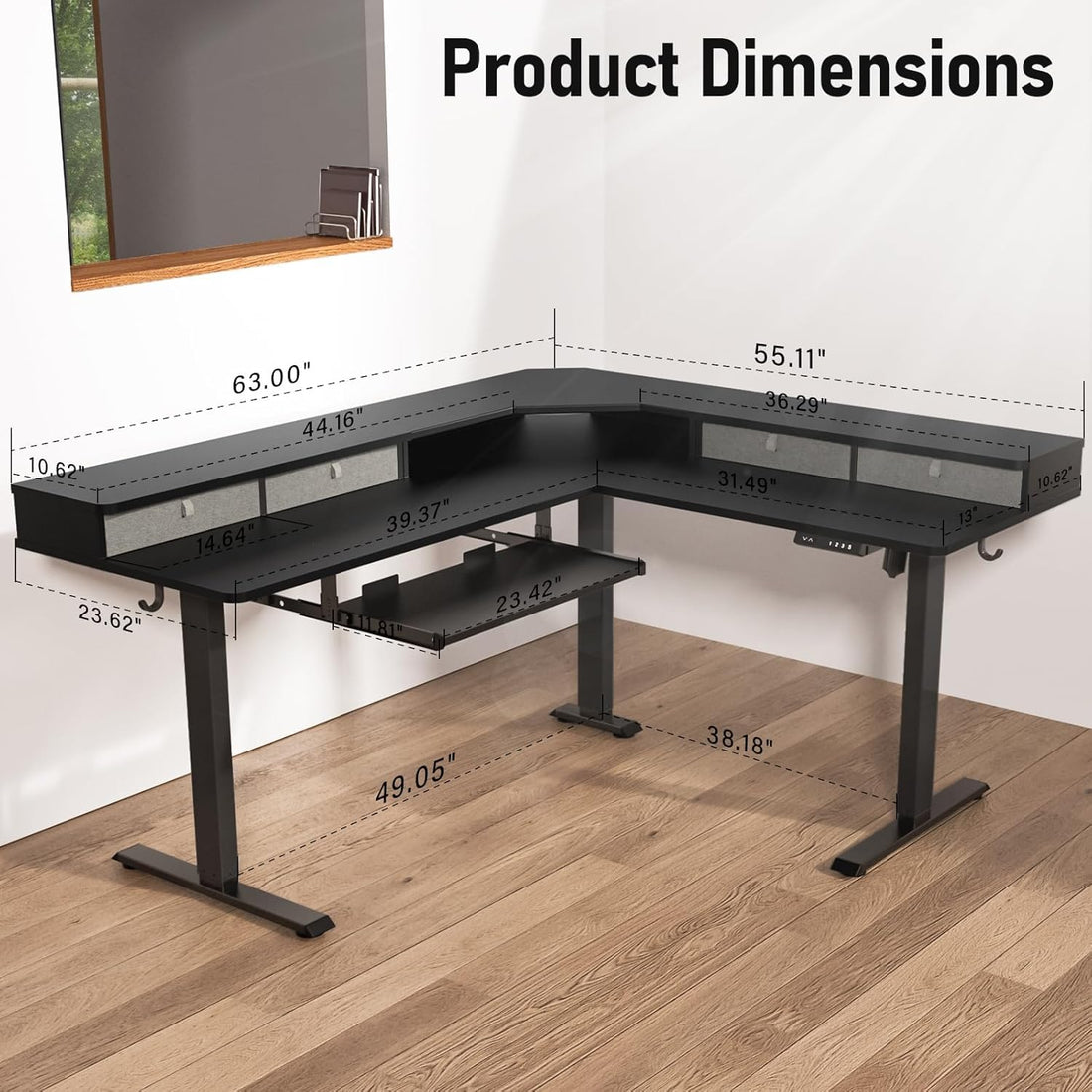63"x55" L-Shaped Electric Height Adjustable Desk