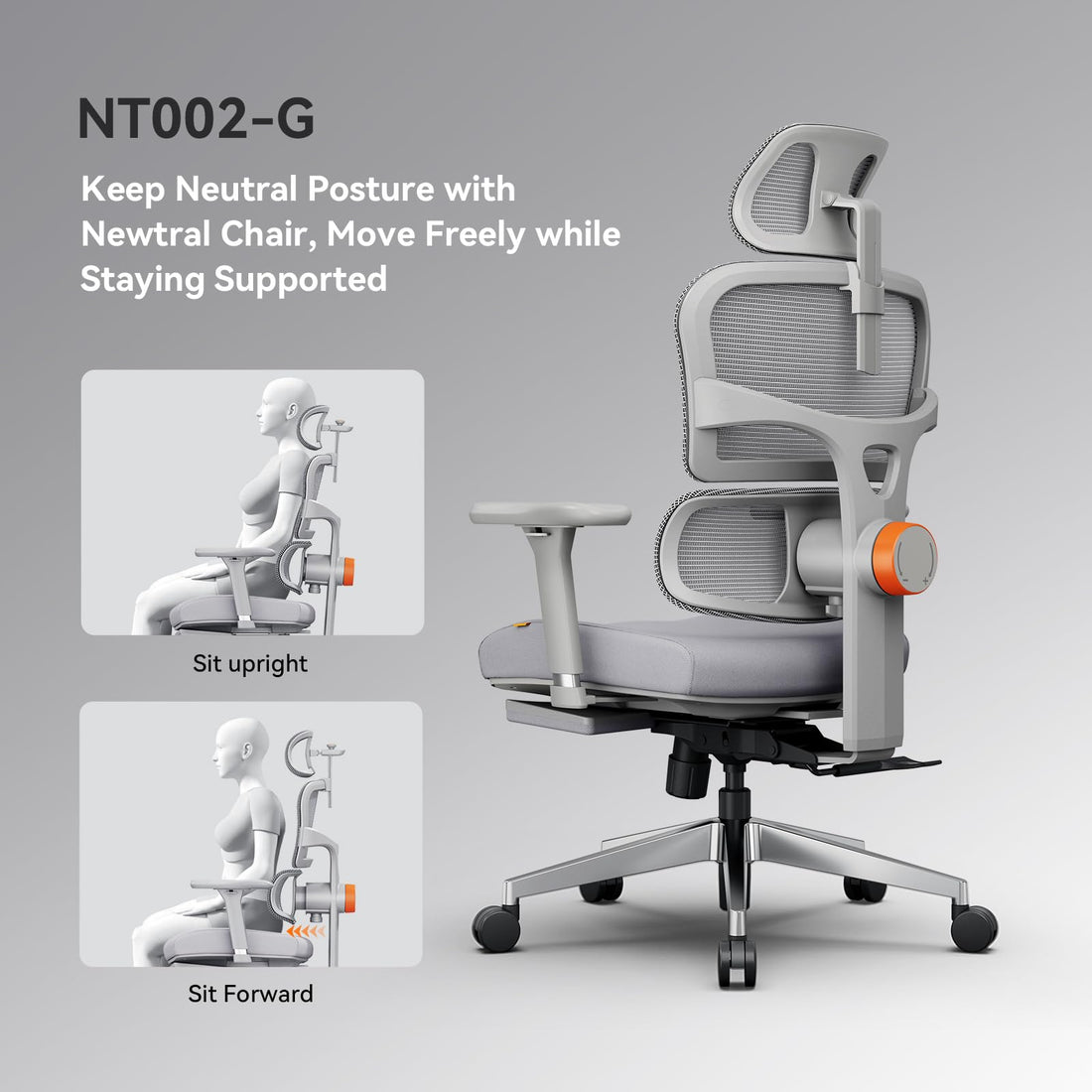Newtral Ergonomic Office Chair with Footrest, Gray