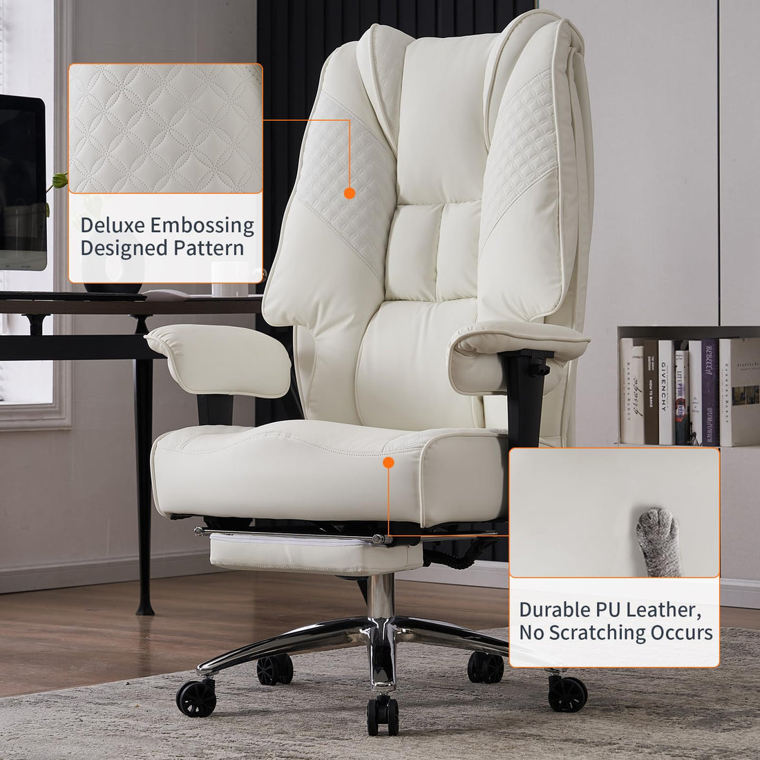 Big & Tall PU Leather Office Chair with Footrest, Brown