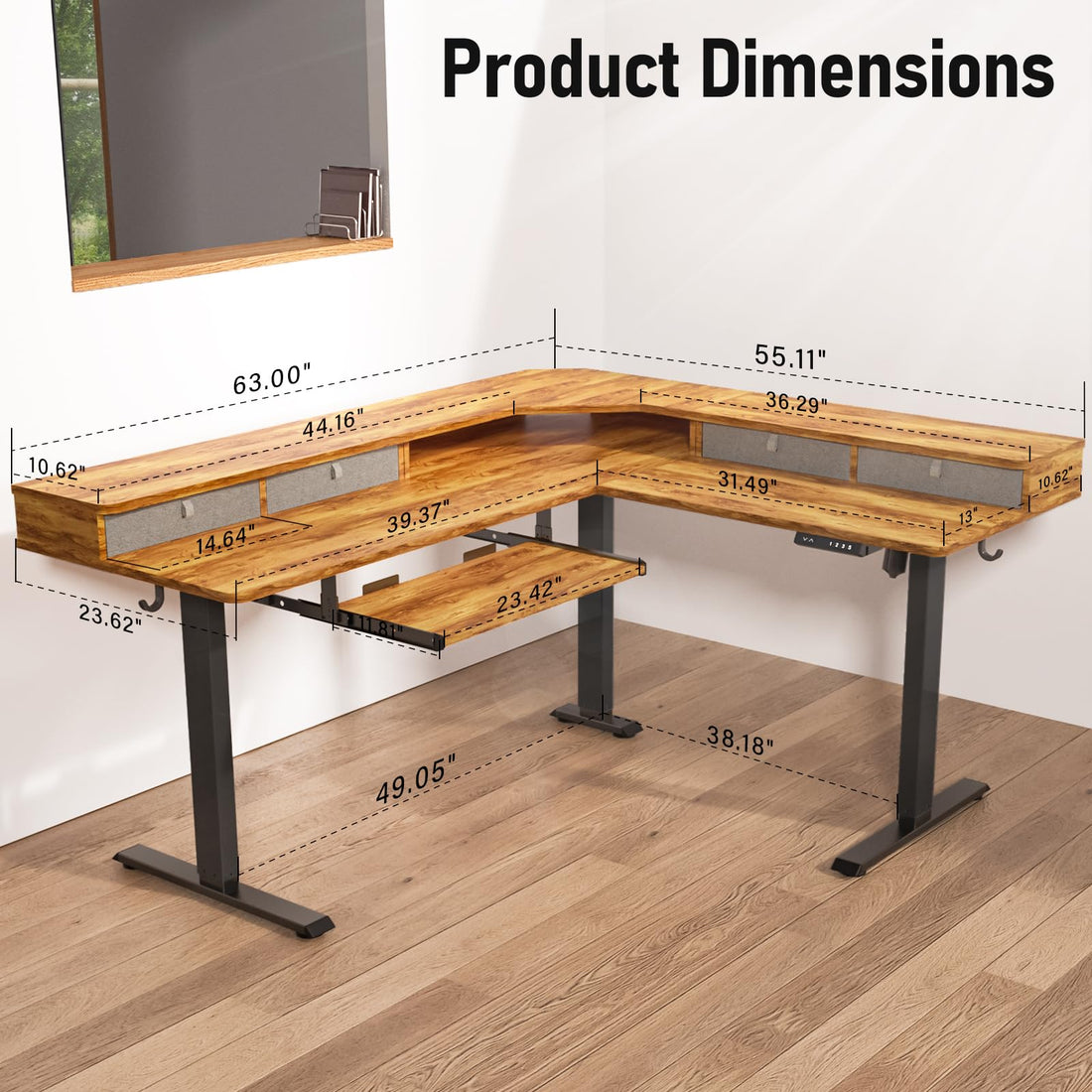 63"x55" L-Shaped Electric Height Adjustable Desk