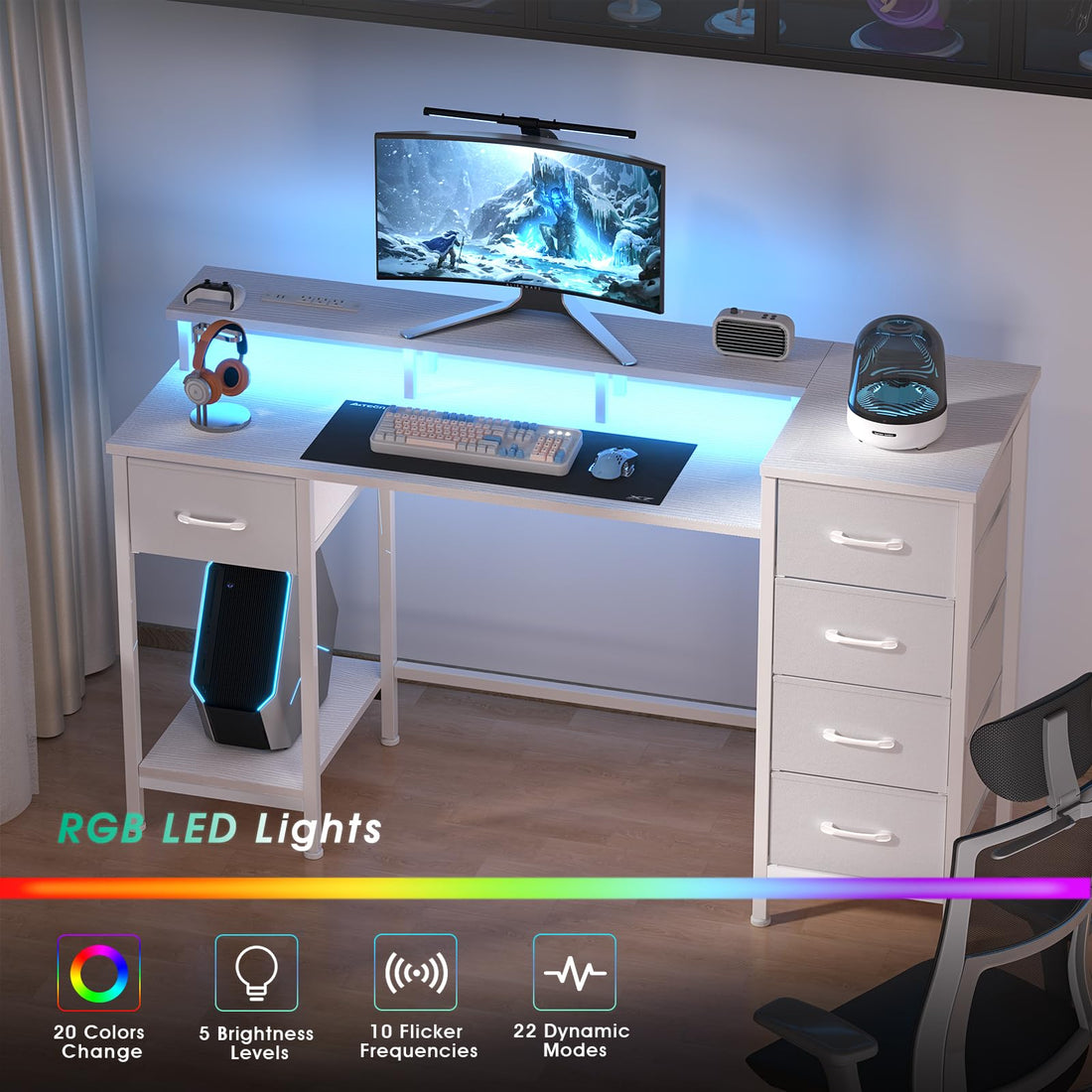 47" Gaming Desk with LED & Power Outlets, Black