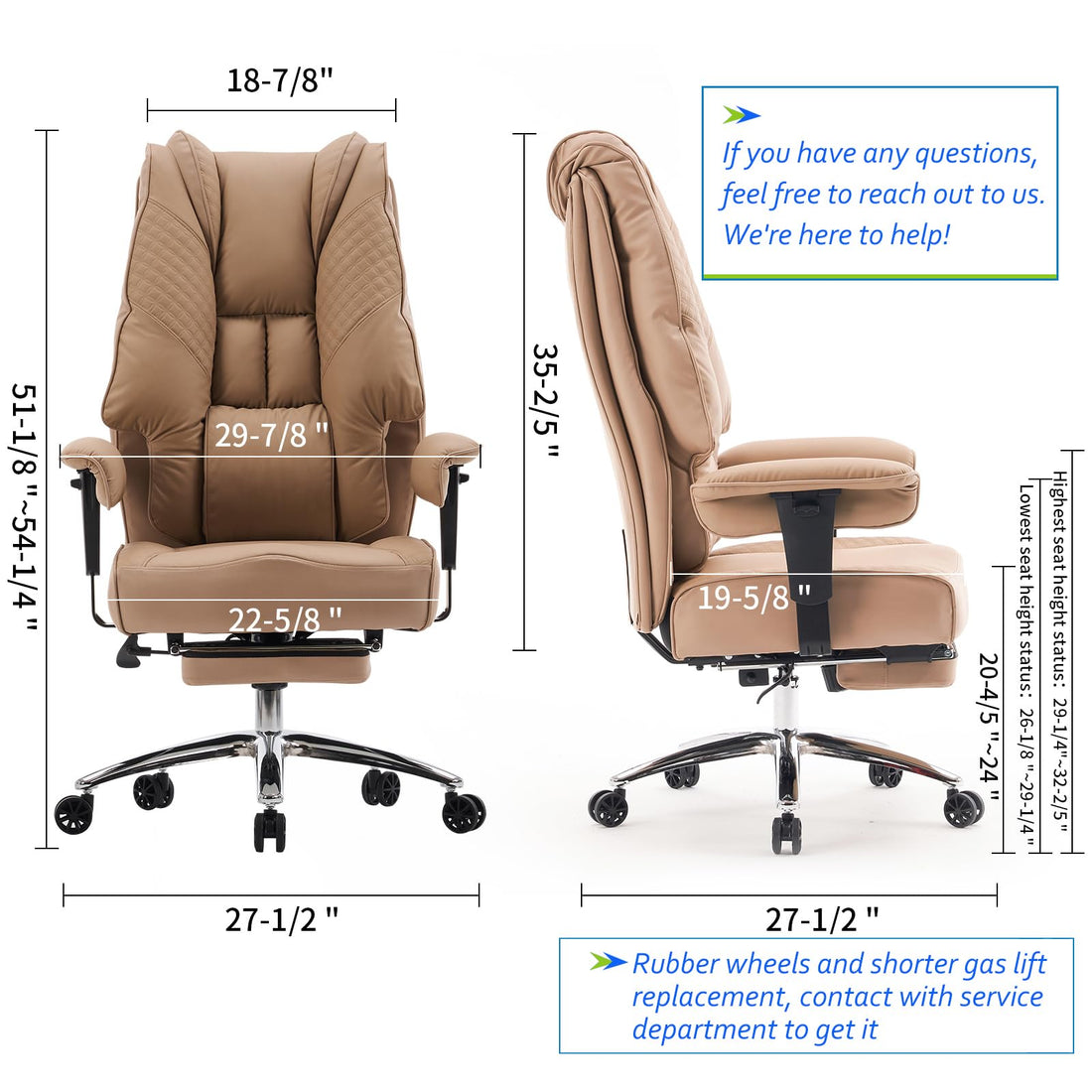 Big & Tall PU Leather Office Chair with Footrest, Brown