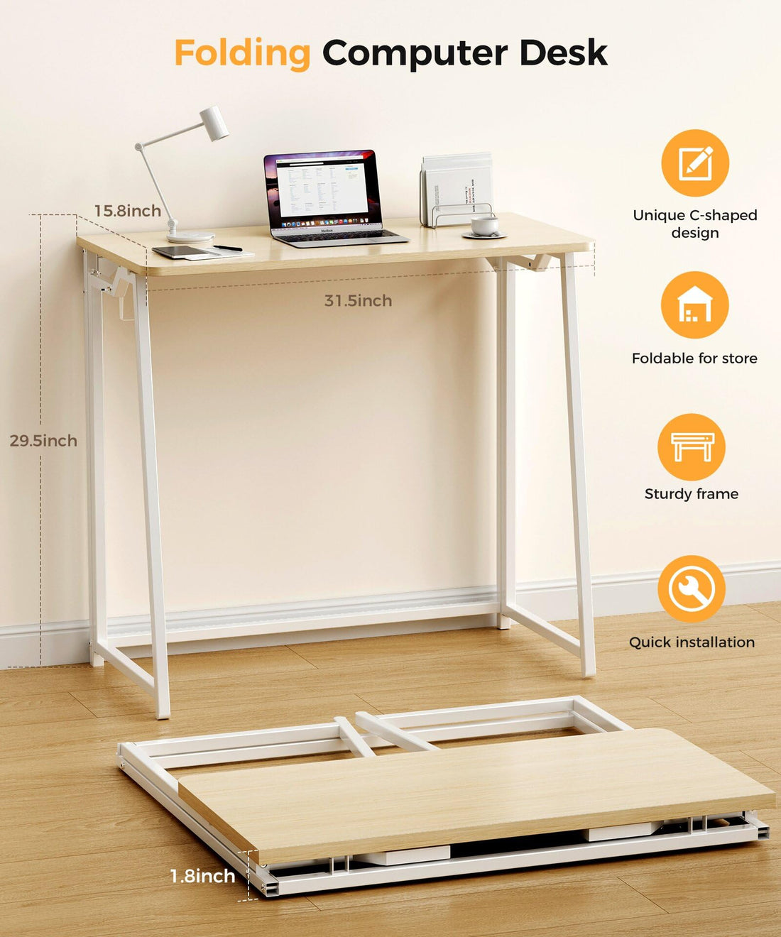 31.5" Small Folding Computer Desk, Rustic