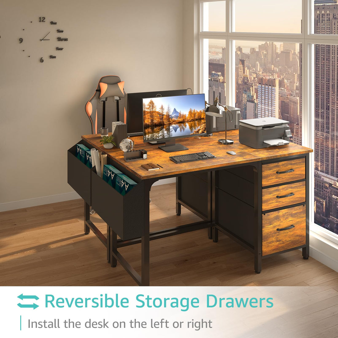 Lufeiya 47" Desk with Fabric Drawers, Rustic Brown
