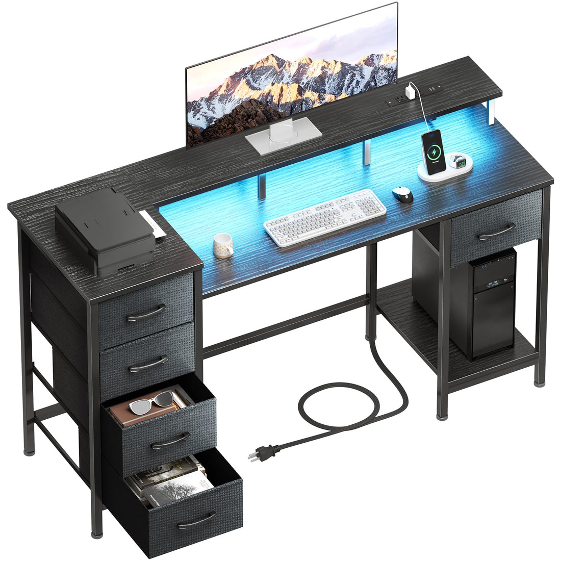 47" Gaming Desk with LED & Power Outlets, Black