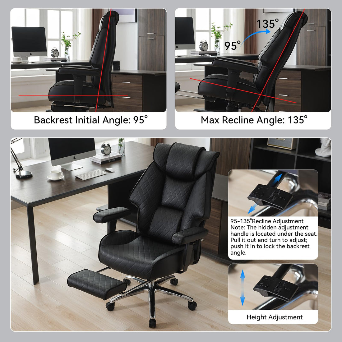 Big & Tall PU Leather Office Chair with Footrest, Brown
