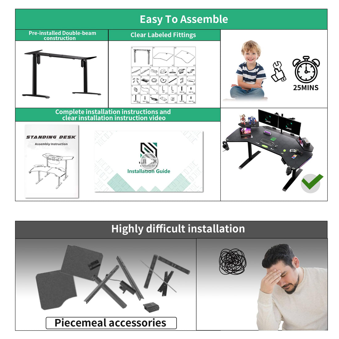 JWX 71" Dual Motor 4-Leg Standing Gaming Desk with LED