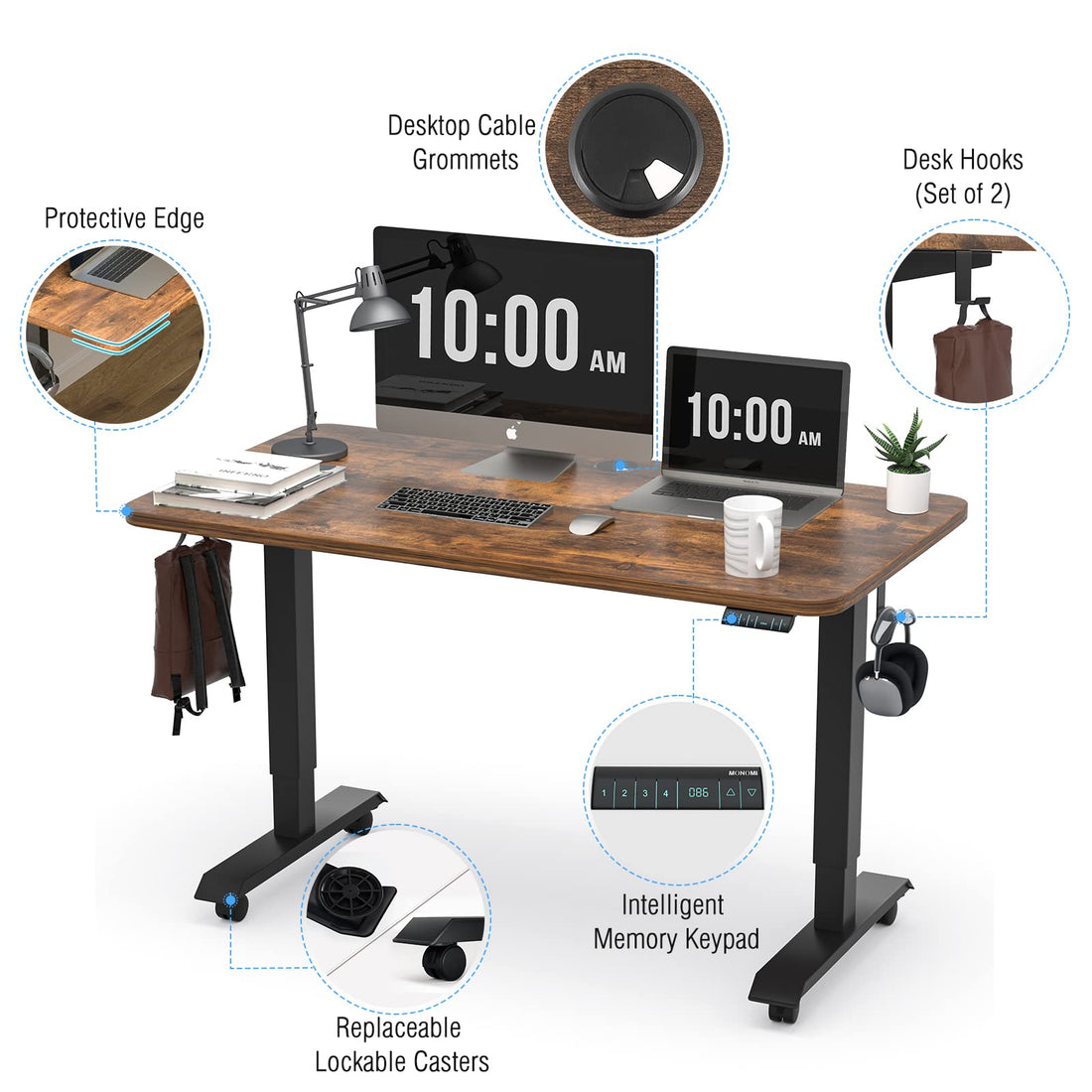Monomi 63"x28" Electric Standing Desk, Rustic Brown/Black