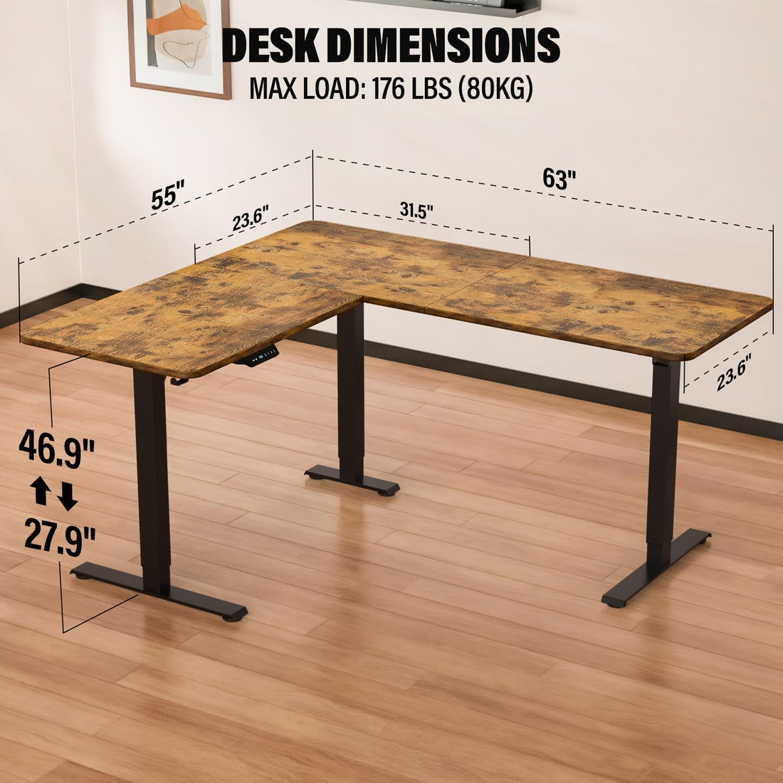 63"x55" L-Shaped Electric Height Adjustable Desk