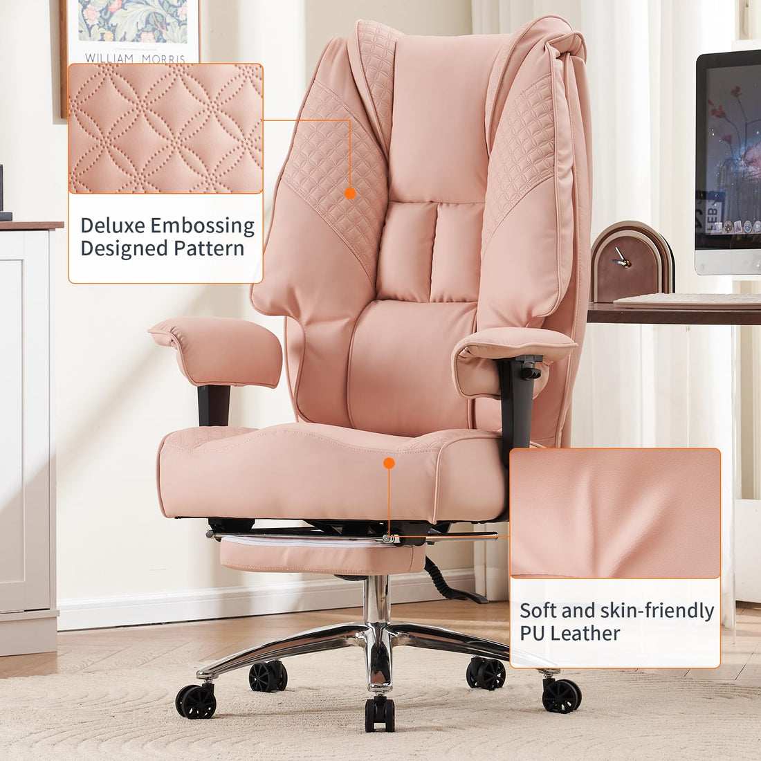 Big & Tall PU Leather Office Chair with Footrest, Brown