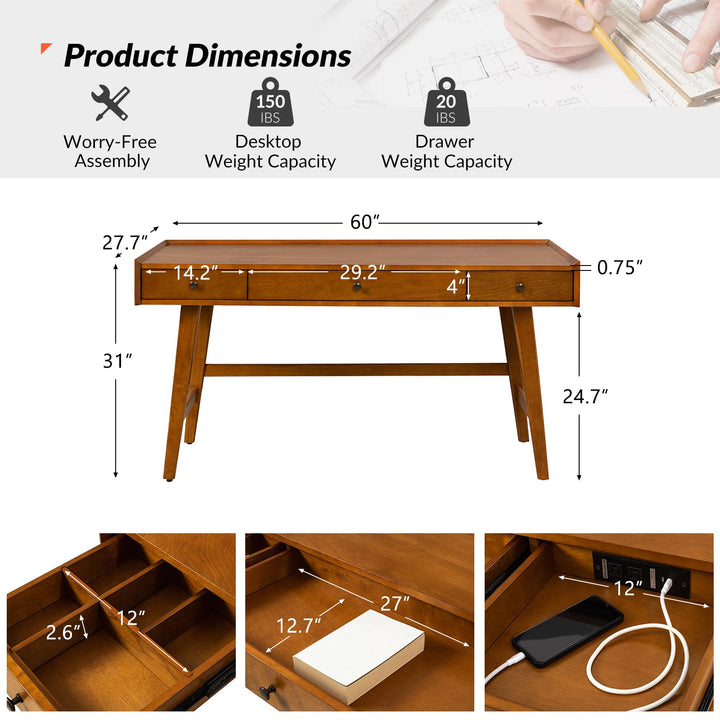 HULALA HOME Desk with 3 Drawers, Acorn