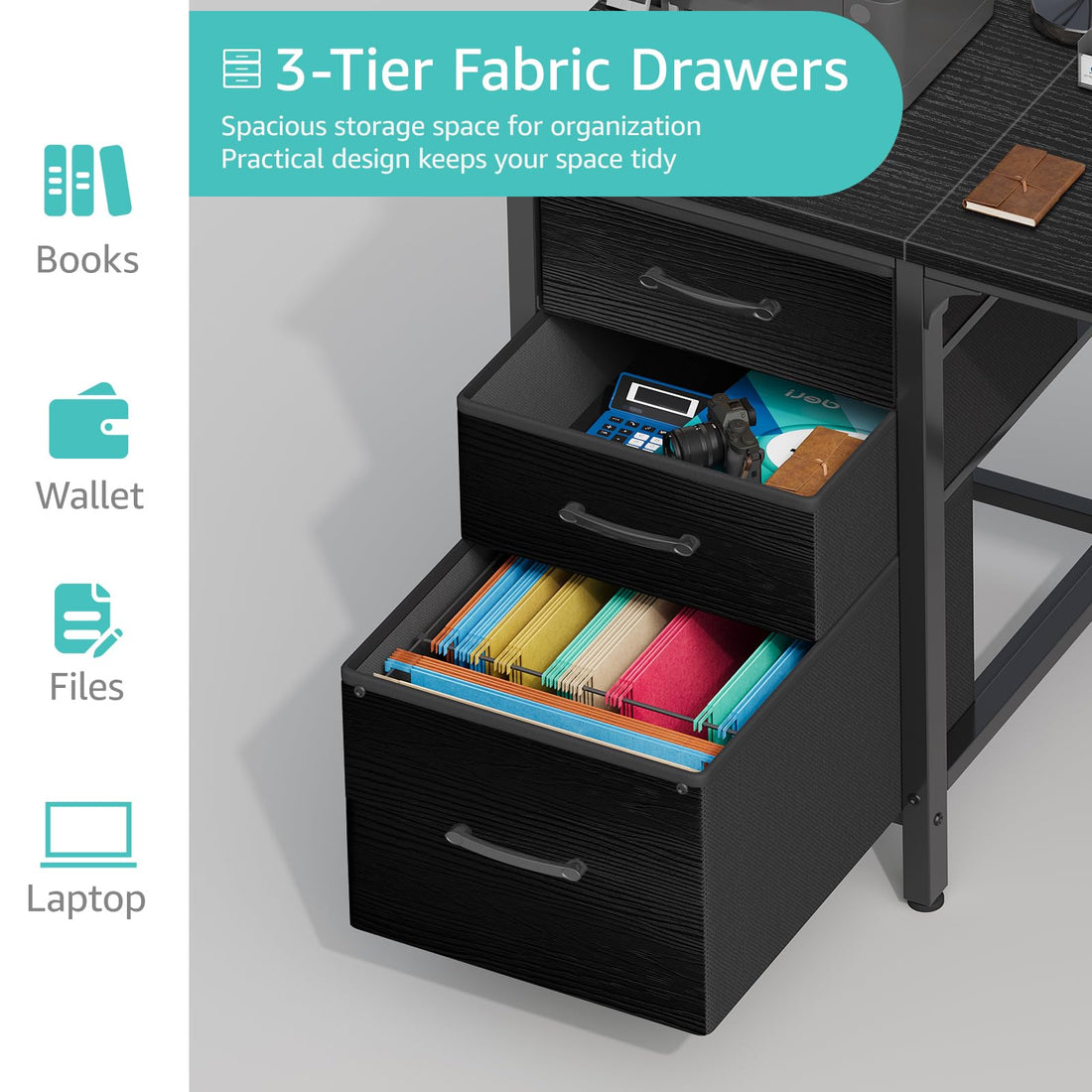 Lufeiya 47" Desk with Fabric Drawers, Rustic Brown