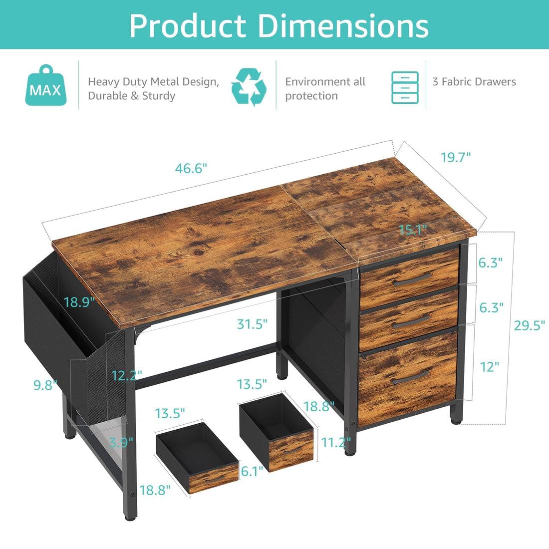 Lufeiya 47" Desk with Fabric Drawers, Rustic Brown