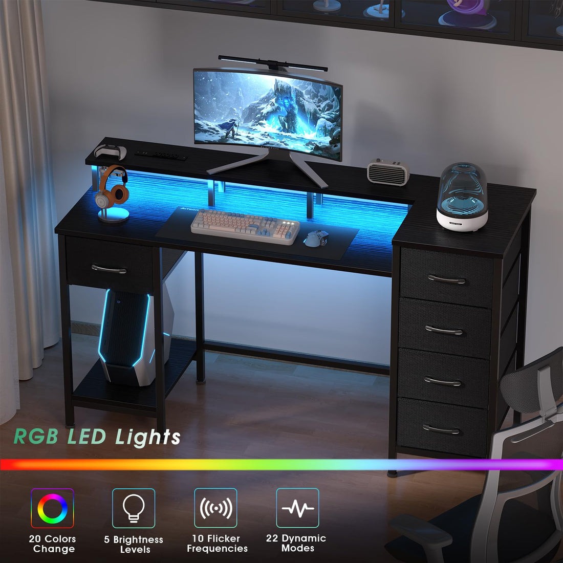 47" Gaming Desk with LED & Power Outlets, Black