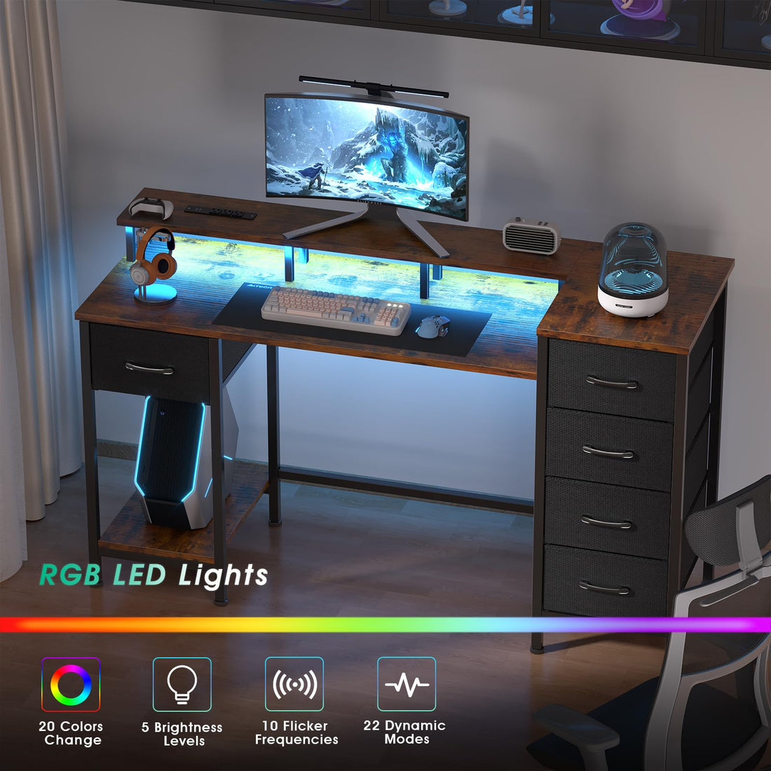 47" Gaming Desk with LED & Power Outlets, Black