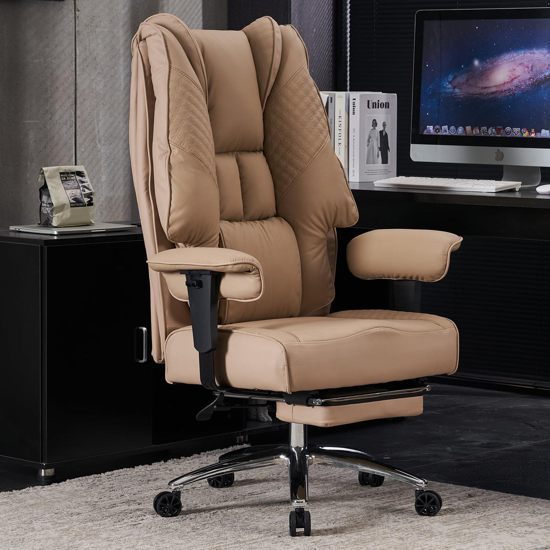 Big & Tall PU Leather Office Chair with Footrest, Brown