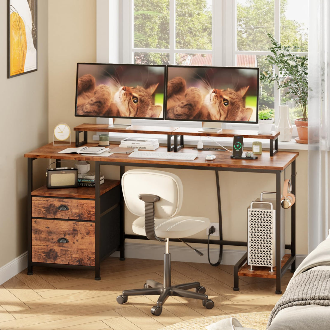 Furologee 47" Desk with Storage, Rustic Brown